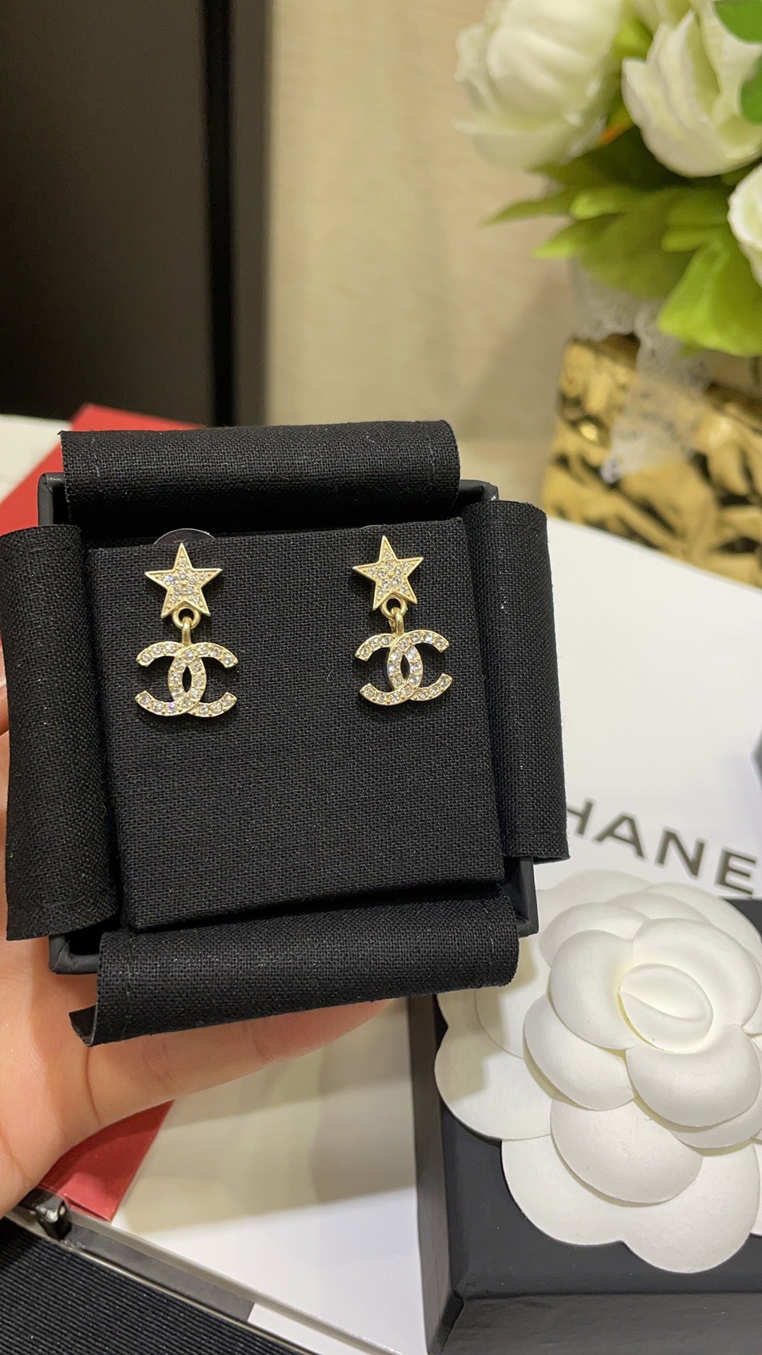 Double-C Emblem Crystal-Accent Stud Earrings – Star Detail – Design 002 front product view