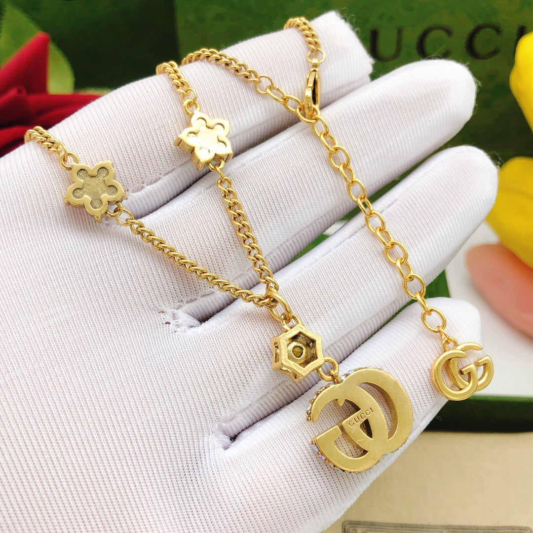 Geometric Emblem Pendant Necklace in Gold-Tone – Design 007 front product view