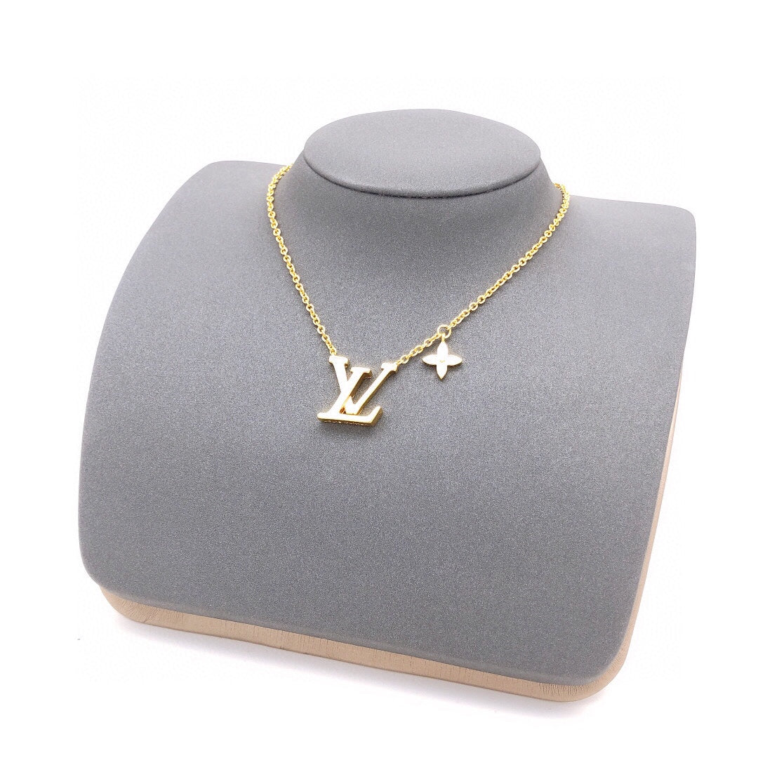 Geometric Emblem Pendant Necklace in Gold-Tone – White Detail – Design 004 front product view
