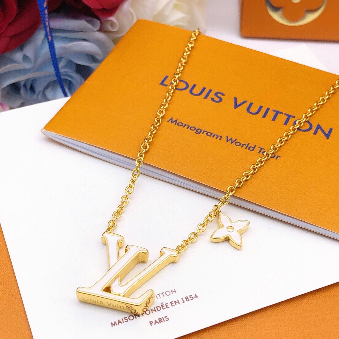 Geometric Emblem Pendant Necklace in Gold-Tone – White Detail – Design 004 front product view