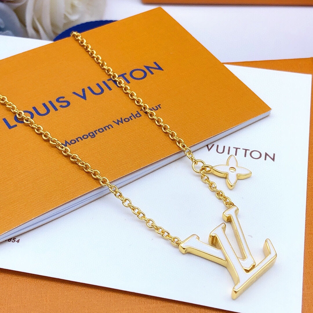 Geometric Emblem Pendant Necklace in Gold-Tone – White Detail – Design 004 main product view