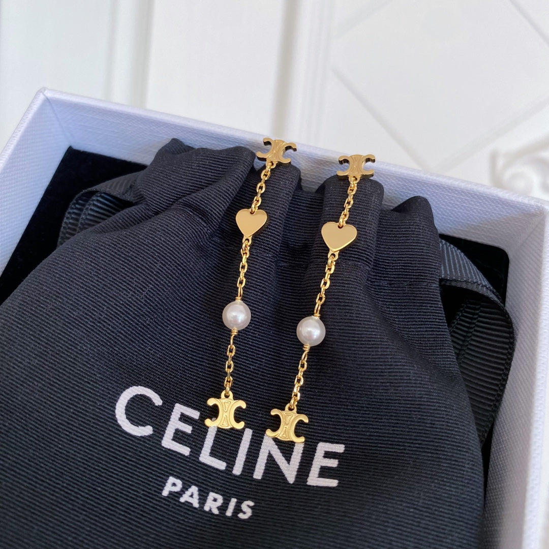 Triomphe-Inspired Emblem Pearl-Detail Earrings front view