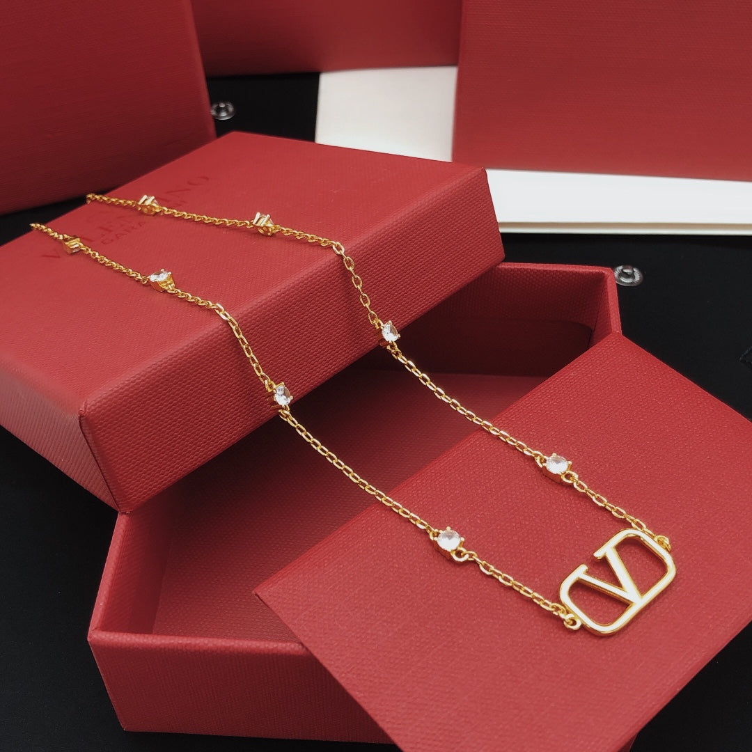 V Emblem Crystal-Accent Pendant Necklace – Design 05 front view