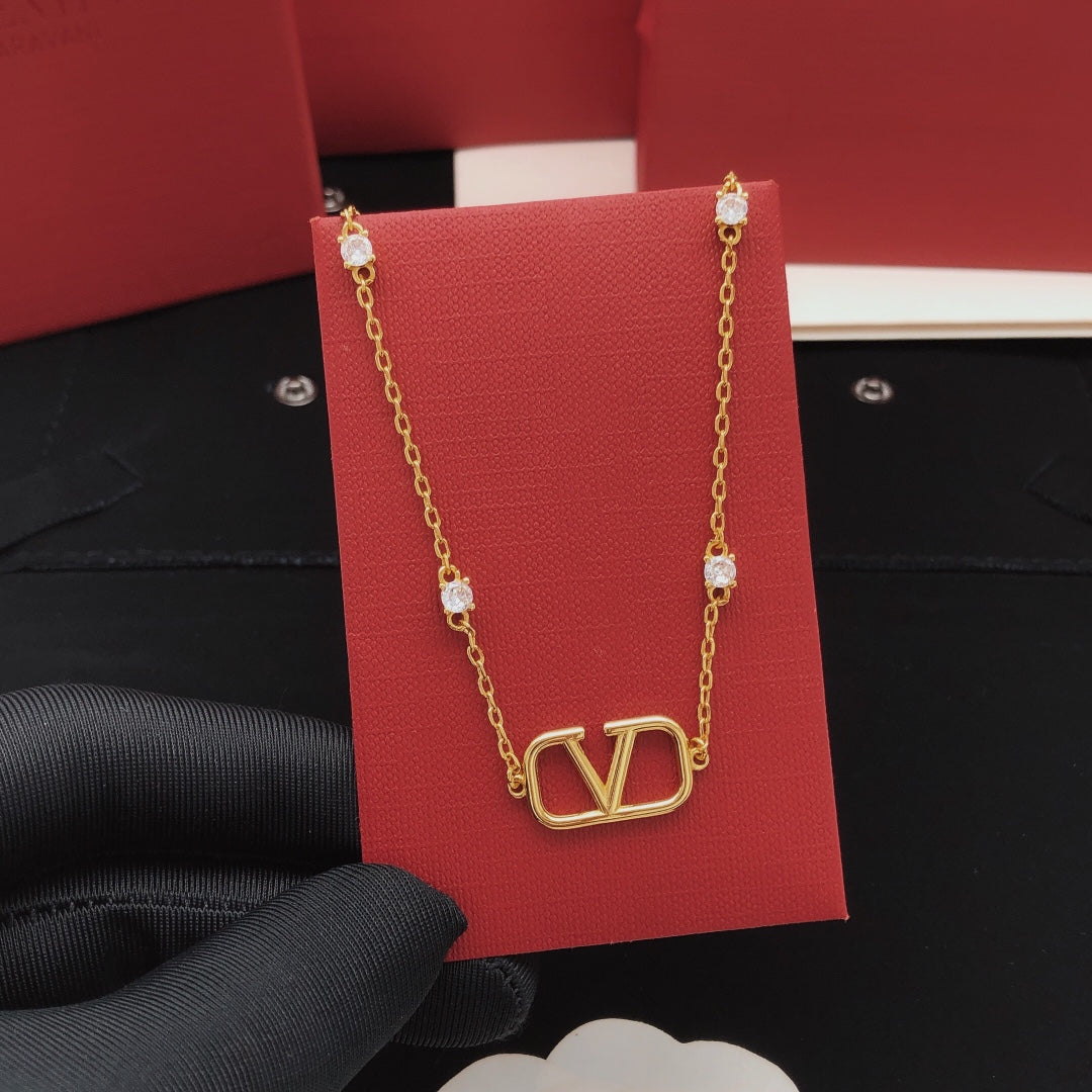 V Emblem Crystal-Accent Pendant Necklace – Design 05 main product view