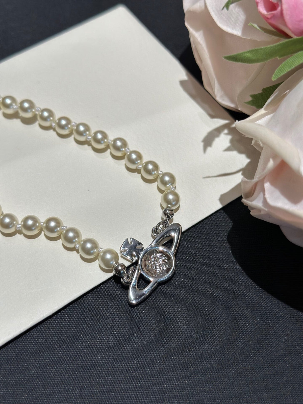 Orb Pendant Necklace in Polished Metal-Tone – Pearl Detail – Design 013 styled product view