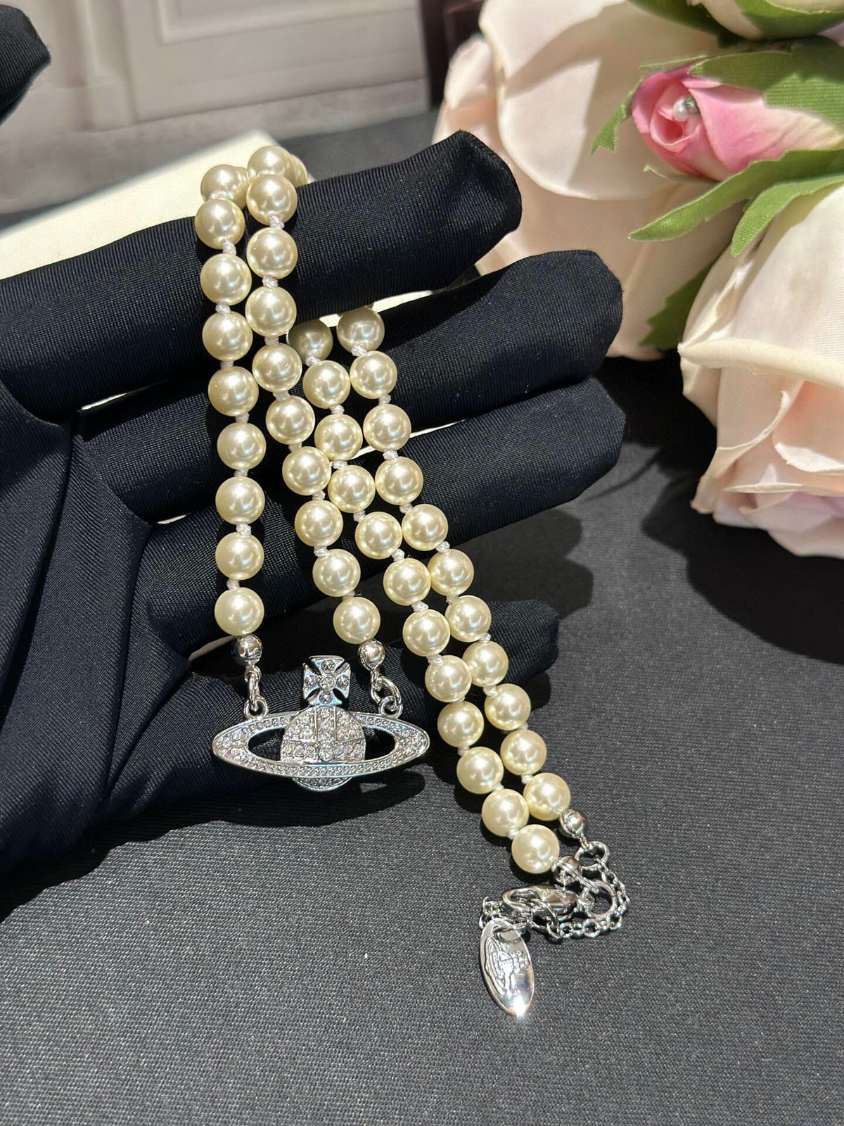 Orb Pendant Necklace in Polished Metal-Tone – Pearl Detail – Design 013 close-up detail