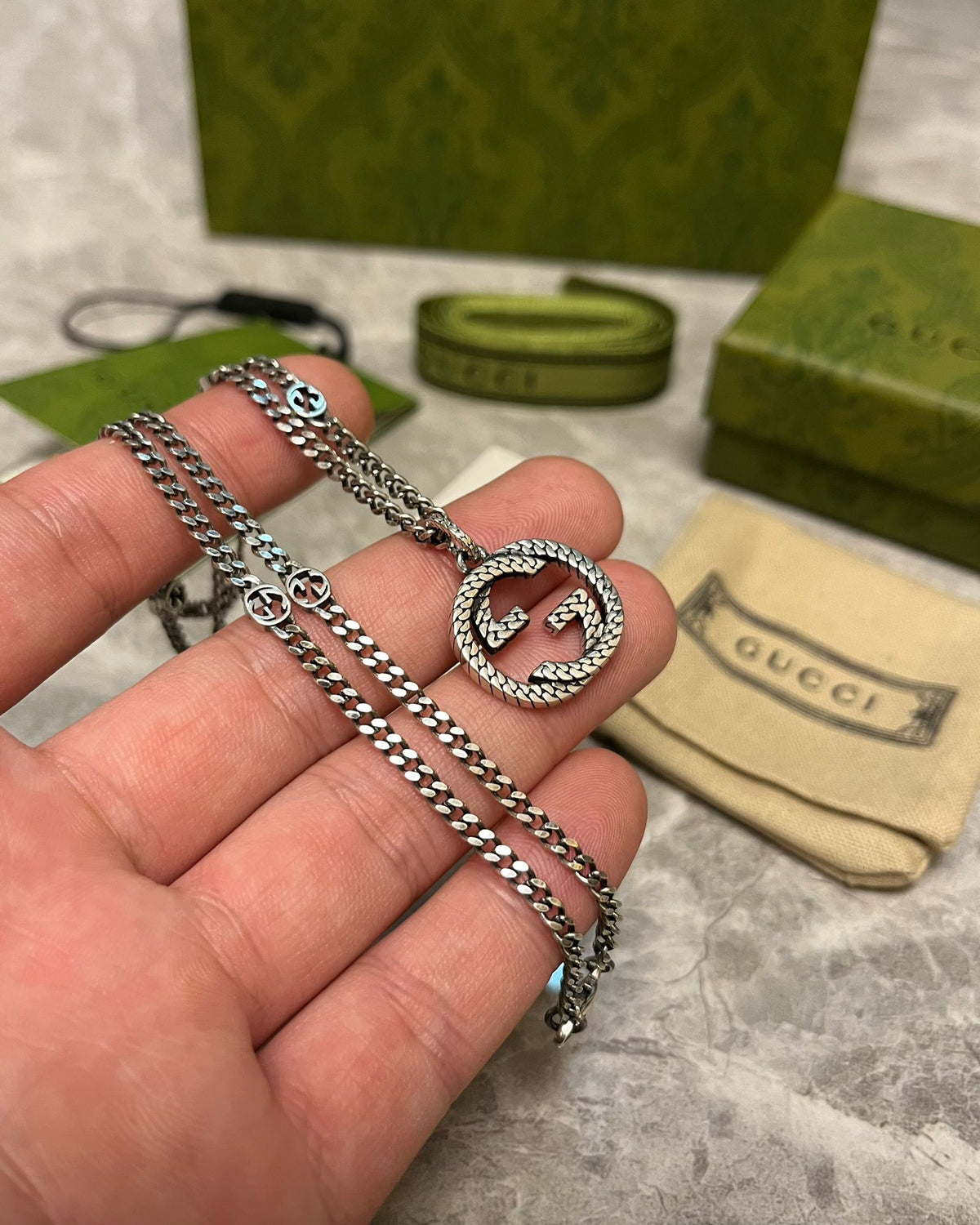 Double-G Emblem Pendant Necklace in Polished Metal-Tone – Vintage Detail – Design 043 front product view