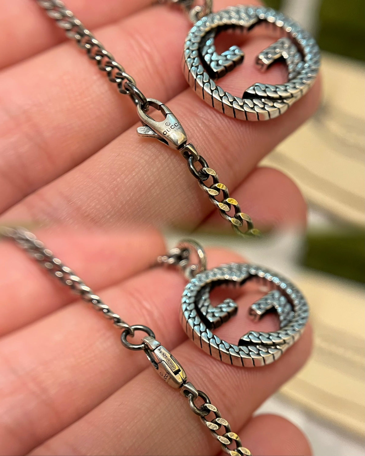 Double-G Emblem Pendant Necklace in Polished Metal-Tone – Vintage Detail – Design 043 styled product view