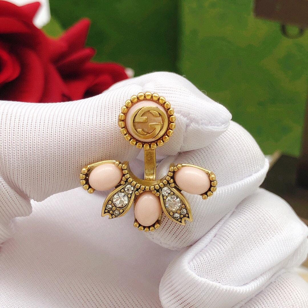 Floral Stud Earrings in Polished Metal-Tone – Design 007 detail view