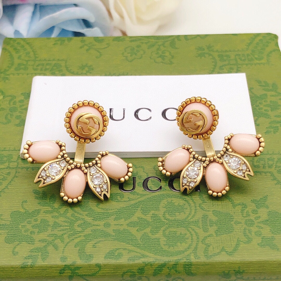 Floral Stud Earrings in Polished Metal-Tone – Design 007 detail view