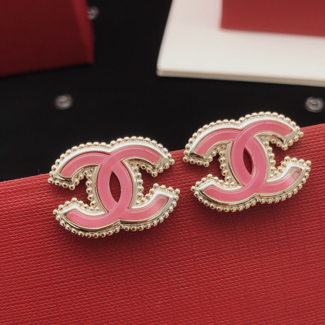 Double-C Emblem Stud Earrings in Gold-Tone – Pink Detail main product view