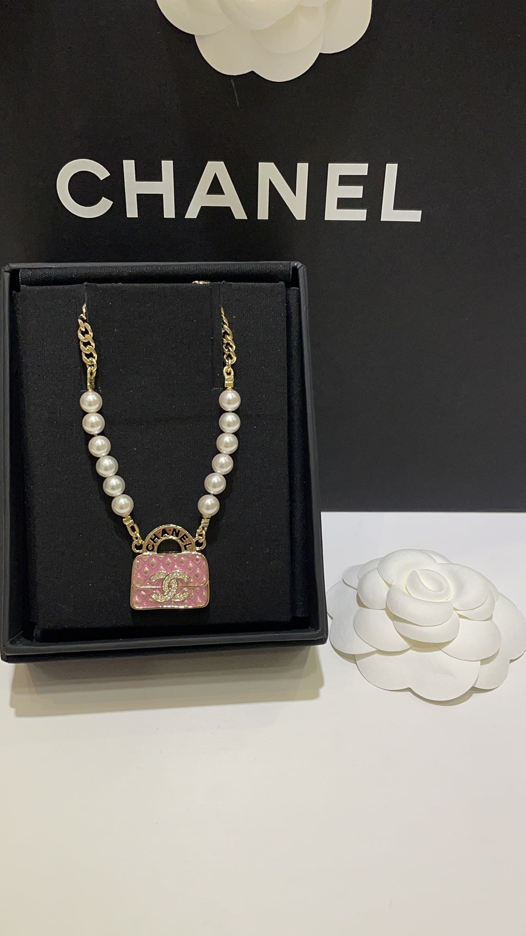 Double-C Emblem Pearl-Detail Pendant Necklace – Pearl Detail – Design 042 main product view