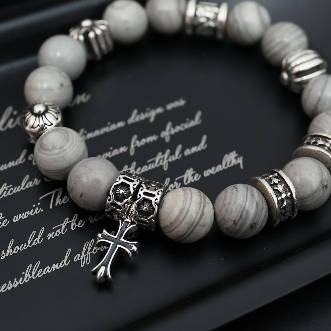 Gothic Emblem Beaded Bracelet in Antique Silver-Tone – Design 13 front product view