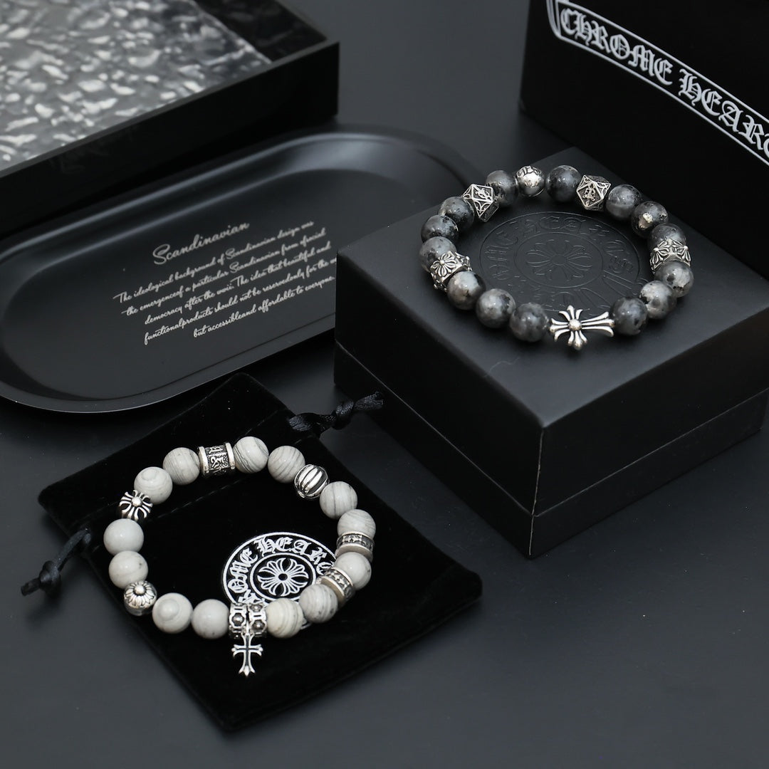 Gothic Emblem Beaded Bracelet in Antique Silver-Tone – Design 13 main product view