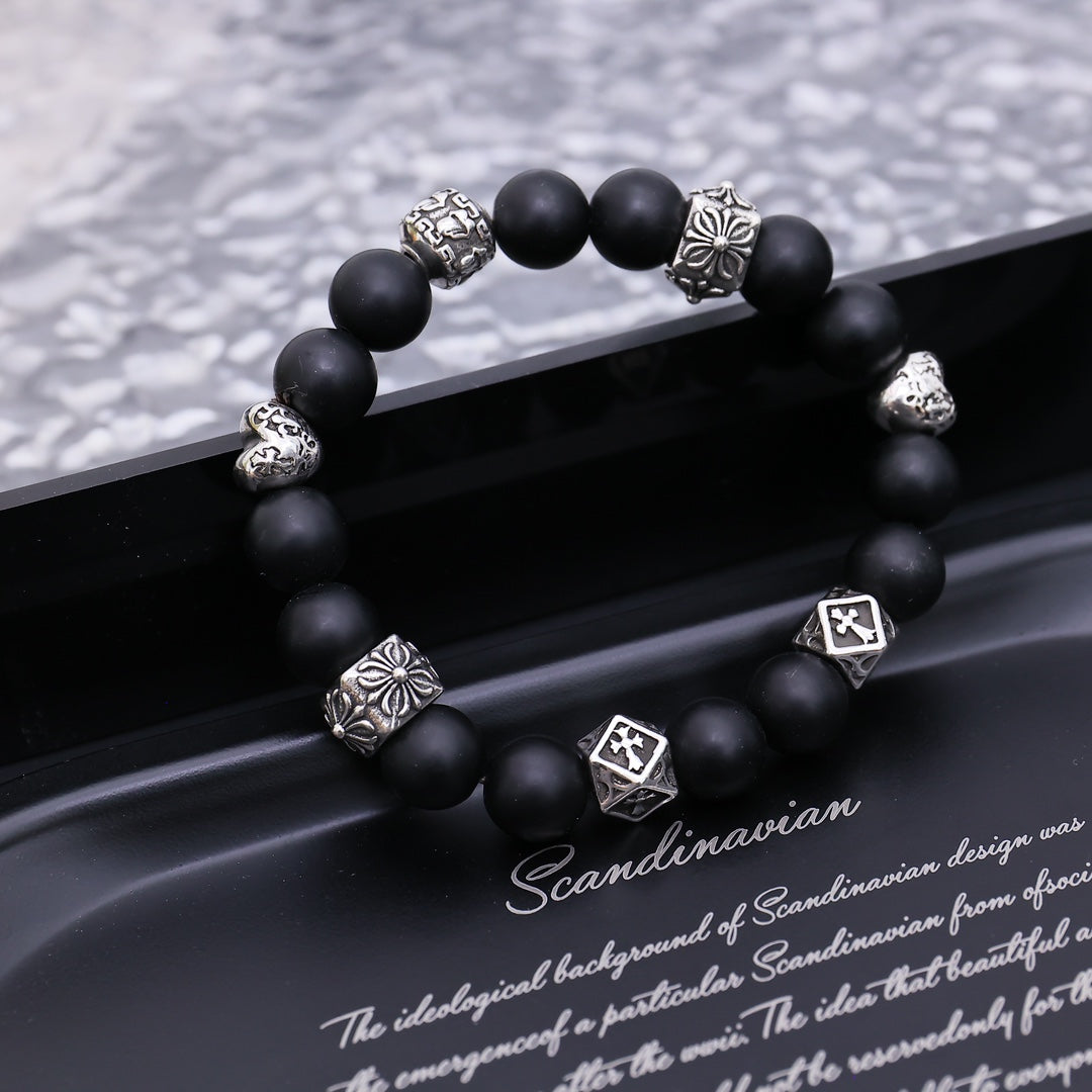 Gothic Emblem Beaded Bracelet in Antique Silver-Tone – Design 11 front product view
