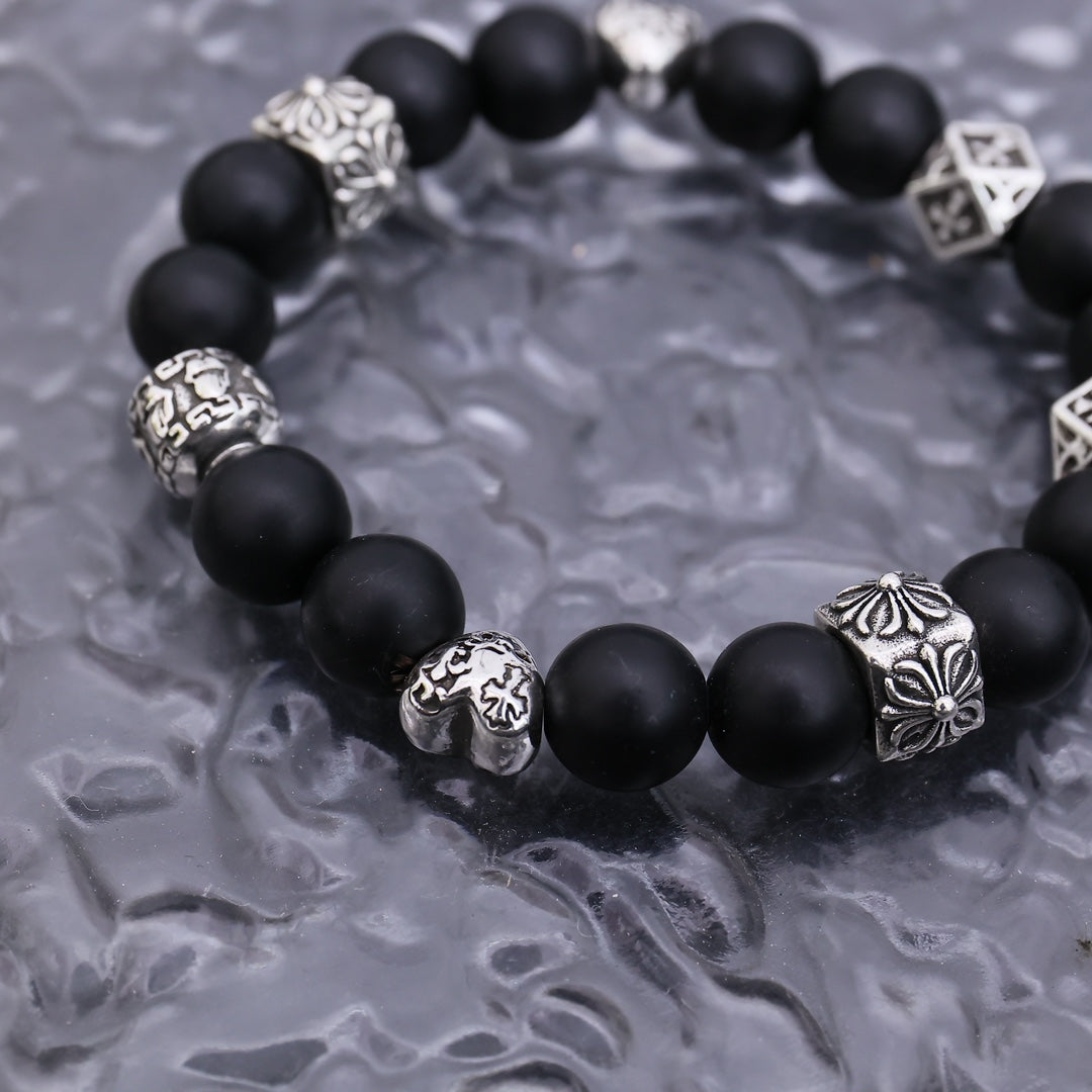Gothic Emblem Beaded Bracelet in Antique Silver-Tone – Design 11 detail view