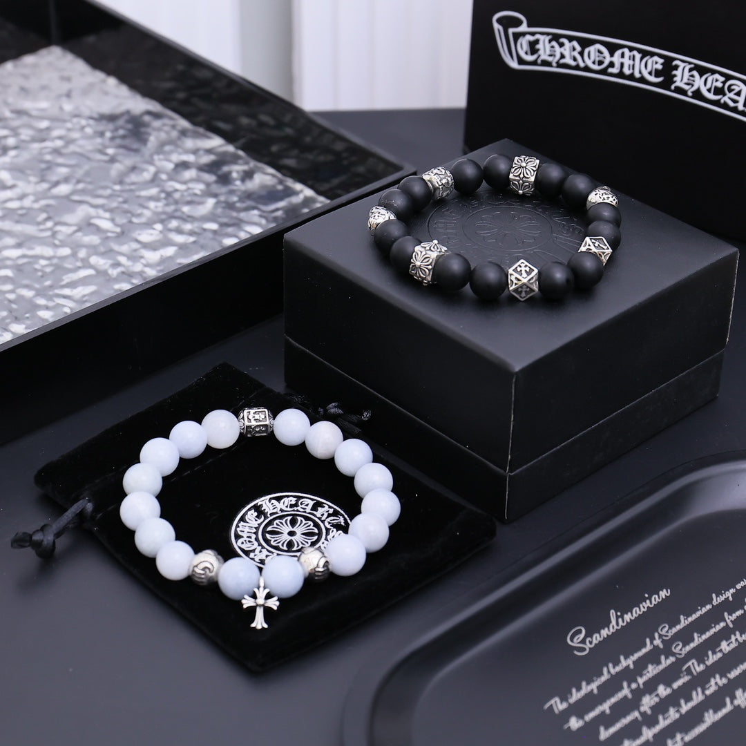 Gothic Emblem Beaded Bracelet in Antique Silver-Tone – Design 11 main product view