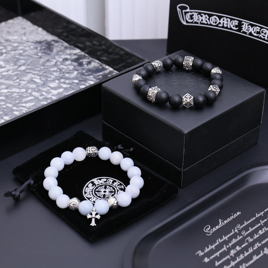 Gothic Emblem Beaded Bracelet in Antique Silver-Tone – Design 11 main product view