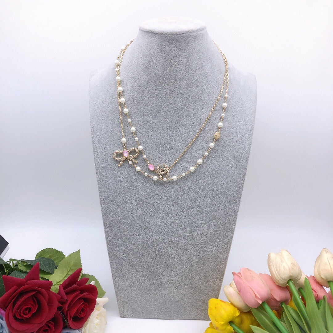 Bow Pearl-Detail Pendant Necklace – Pearl Detail – Design 009 front product view