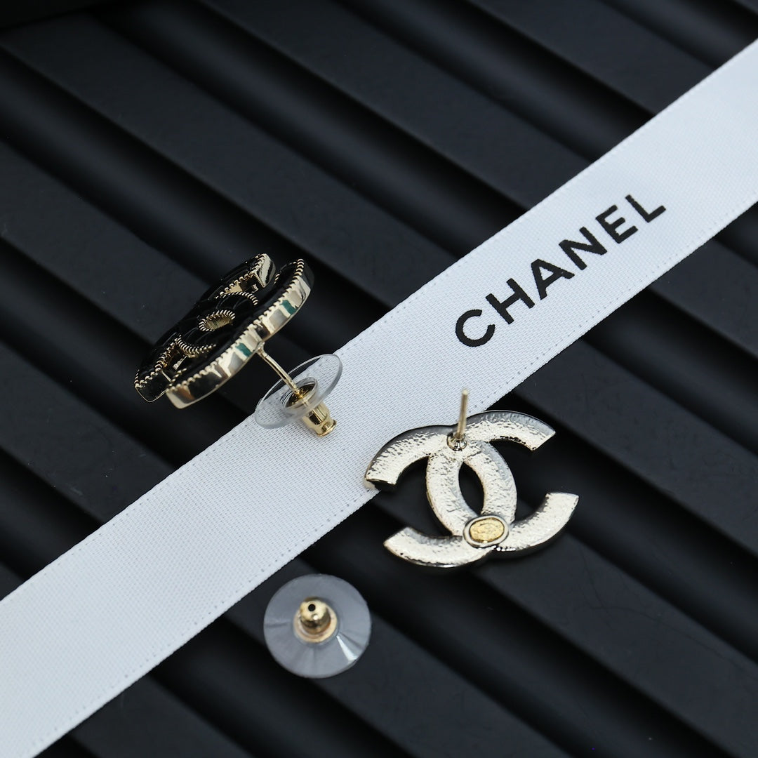Double-C Emblem Stud Earrings in Polished Metal-Tone – Design 202 front product view