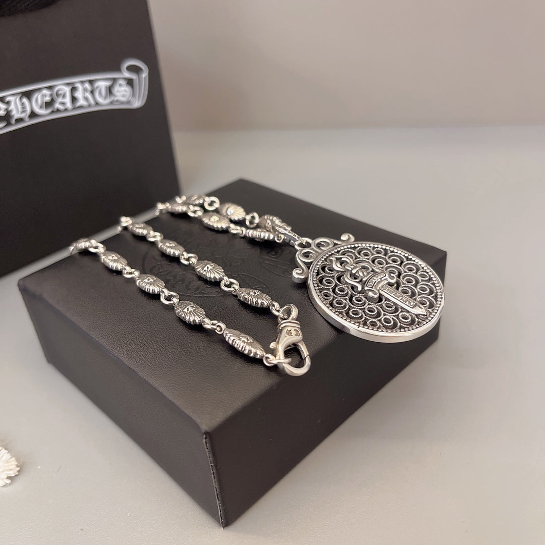 Gothic Emblem Pendant Necklace in Metal-Tone – Design 41 front product view