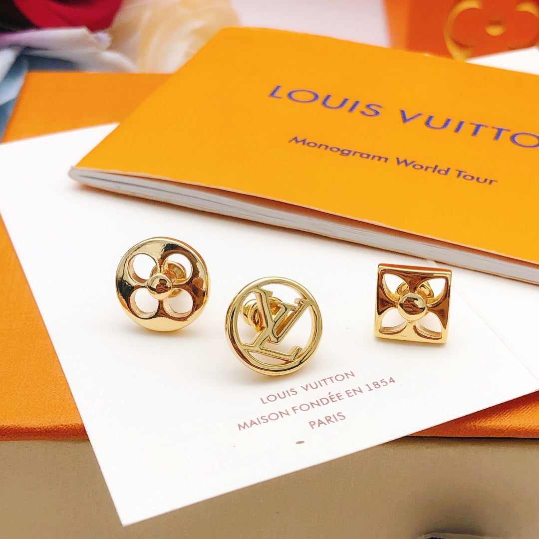 Geometric Emblem Stud Earrings in Gold-Tone – Design 032 front product view