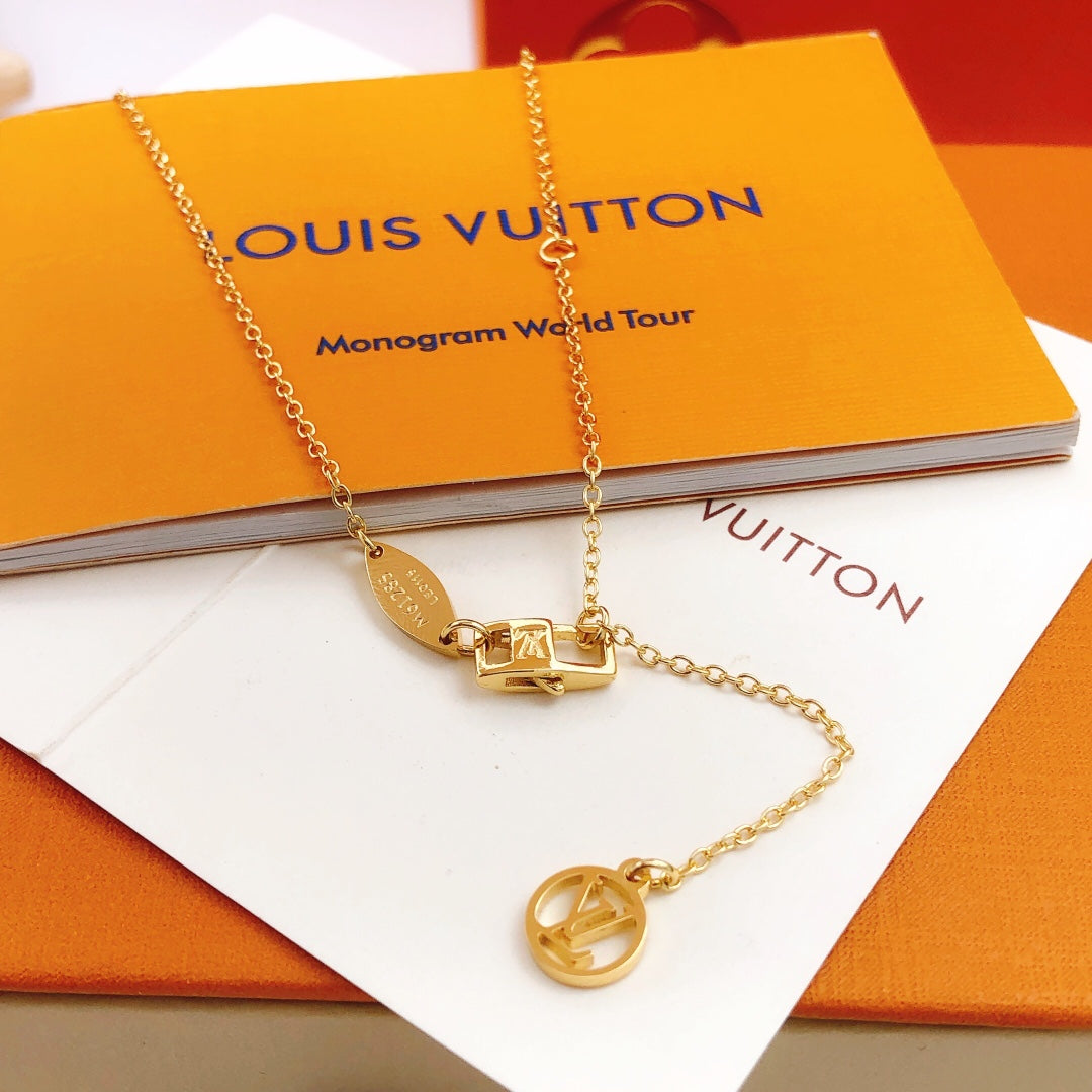 Geometric Emblem Pendant Necklace in Gold-Tone – Pink Detail – Design 003 front product view