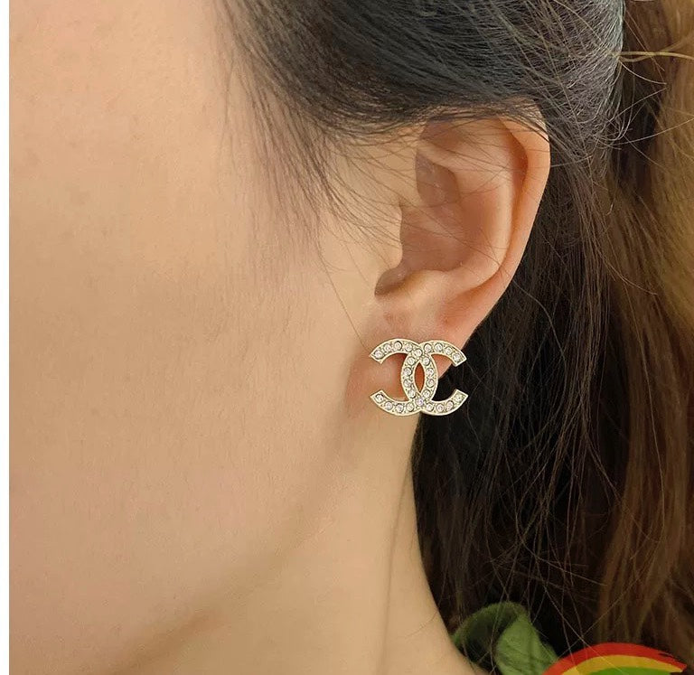 Double-C Emblem Crystal-Accent Stud Earrings – Design 030 front product view