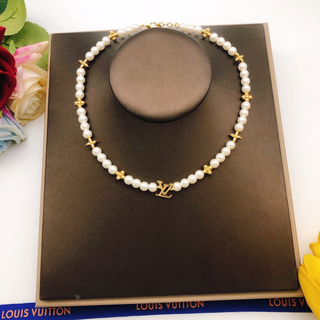 Geometric Emblem Pendant Necklace in Gold-Tone – Pearl Detail – Design 004 styled product view