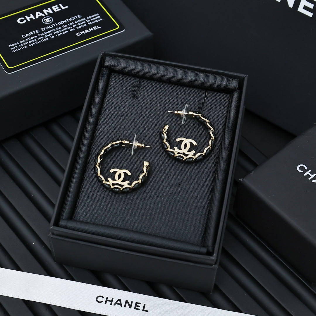 Double-C Emblem Statement Earrings in Gold-Tone – Black Detail – Design 003 main product view