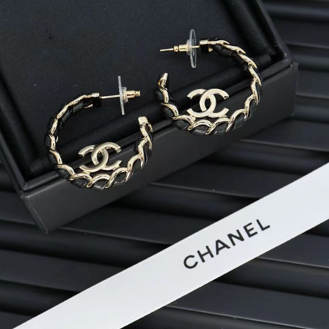 Double-C Emblem Statement Earrings in Gold-Tone – Black Detail – Design 003 front product view