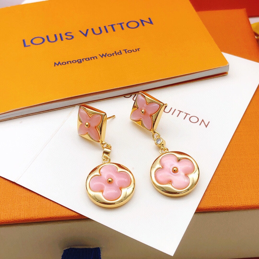 Floral Stud Earrings in Gold-Tone – Pink Detail side detail
