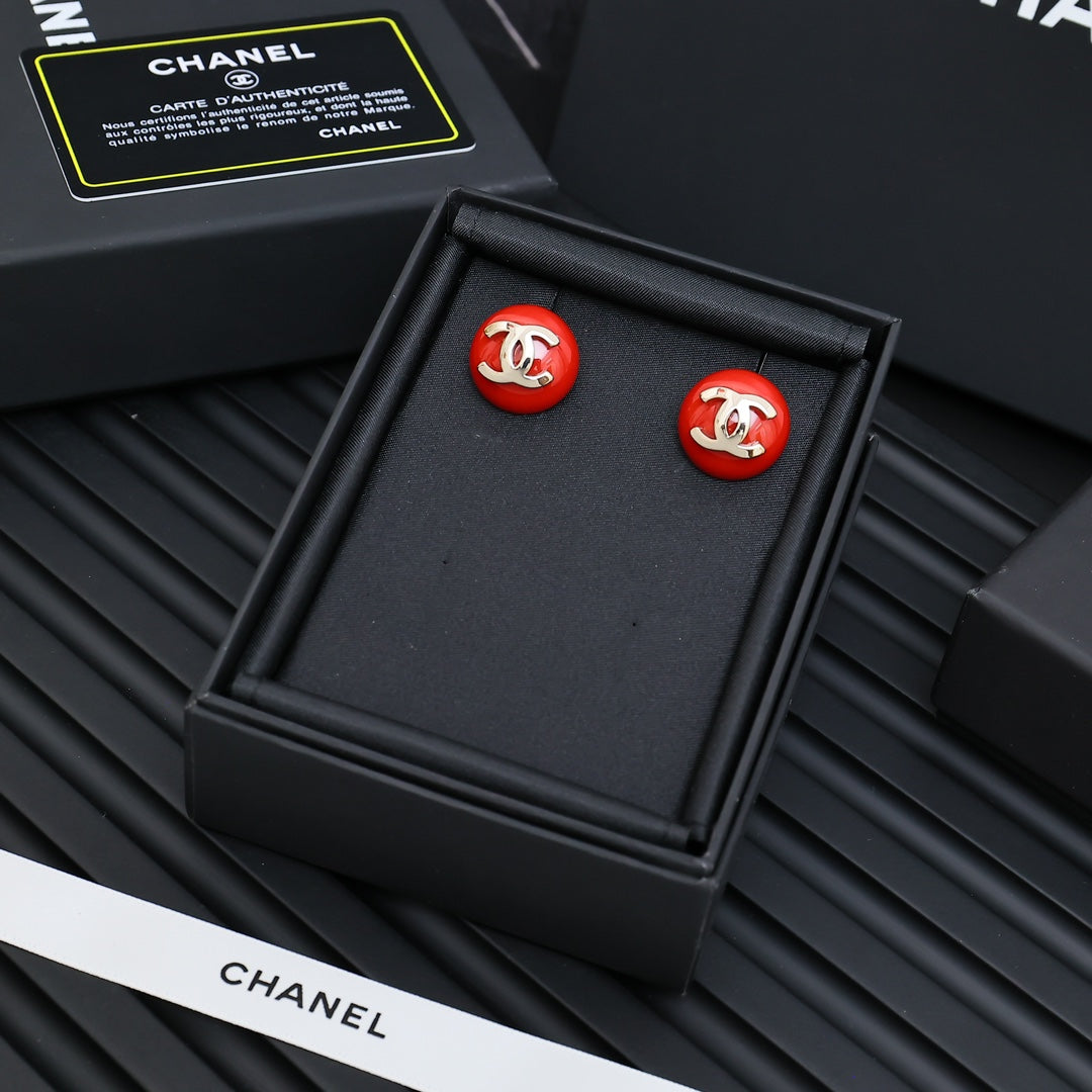 Signature Emblem Stud Earrings in Polished Metal-Tone – Red Detail styled product view