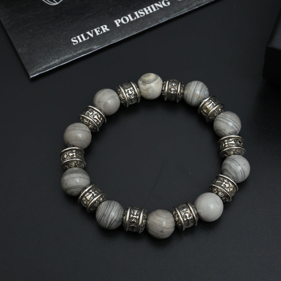 Gothic Emblem Beaded Bracelet in Antique Silver-Tone – Design 08 detail view