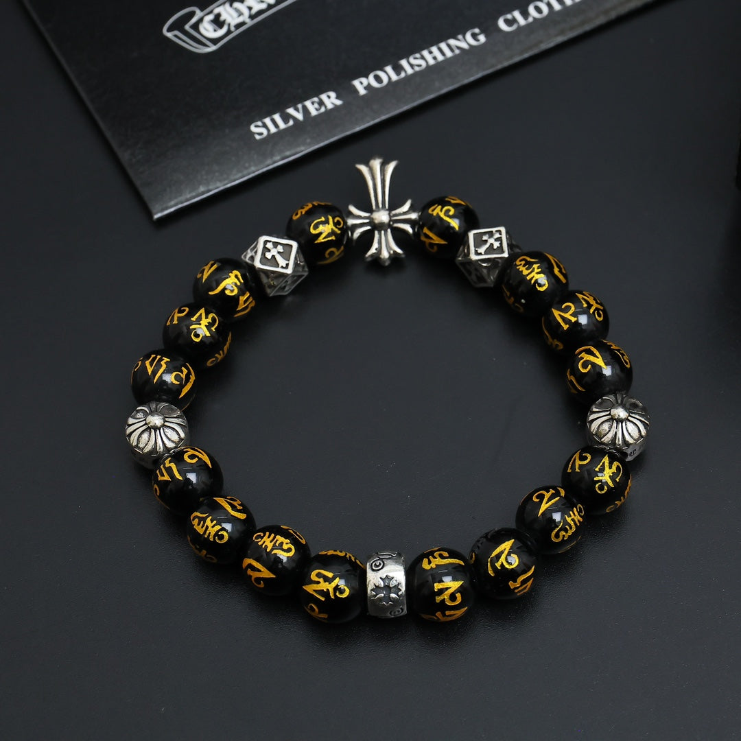 Gothic Emblem Beaded Bracelet in Antique Silver-Tone – Design 09 side detail