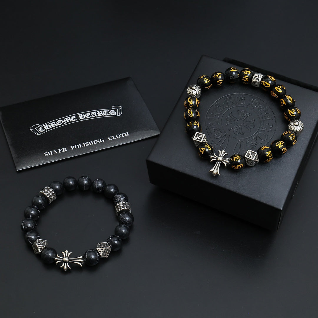 Gothic Emblem Beaded Bracelet in Antique Silver-Tone – Design 09 main product view