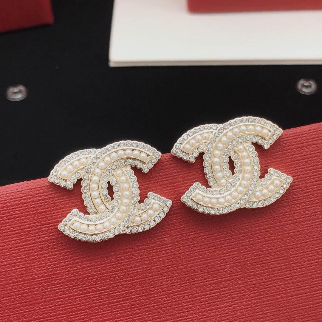 Double-C Emblem Crystal-Accent Stud Earrings – Design 043 styled product view