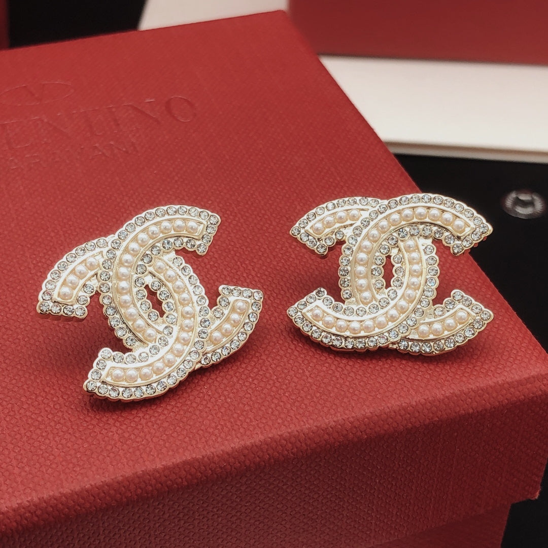 Double-C Emblem Crystal-Accent Stud Earrings – Design 043 front product view