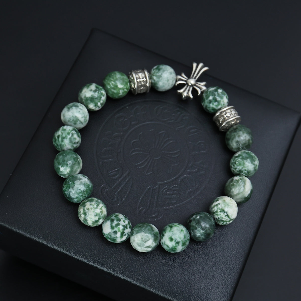 Gothic Emblem Beaded Bracelet in Antique Silver-Tone – Design 22 front product view