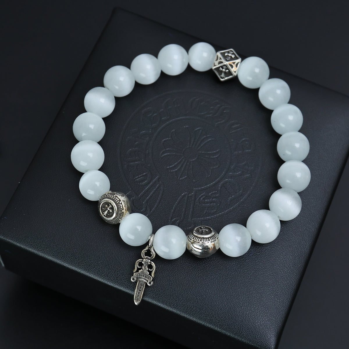 Gothic Emblem Beaded Bracelet in Antique Silver-Tone – Design 22 close-up detail