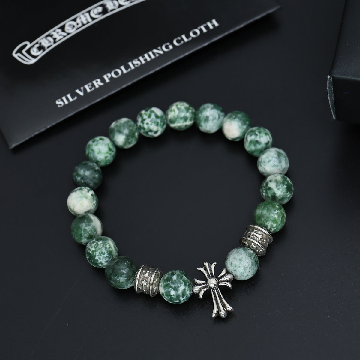 Gothic Emblem Beaded Bracelet in Antique Silver-Tone – Design 22 side detail