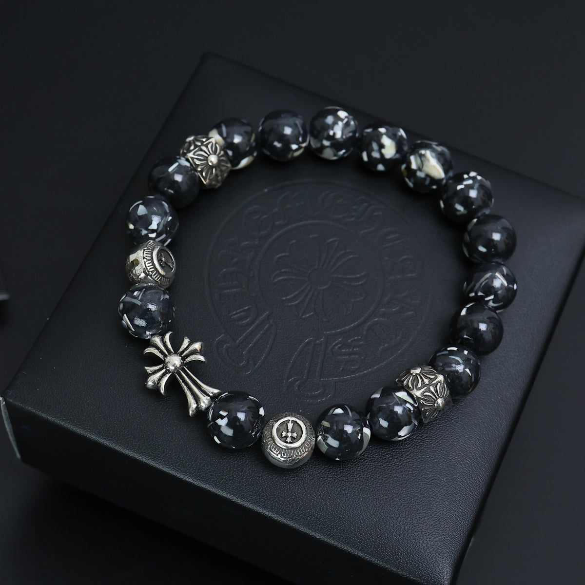 Gothic Emblem Beaded Bracelet in Antique Silver-Tone – Design 21 close-up detail