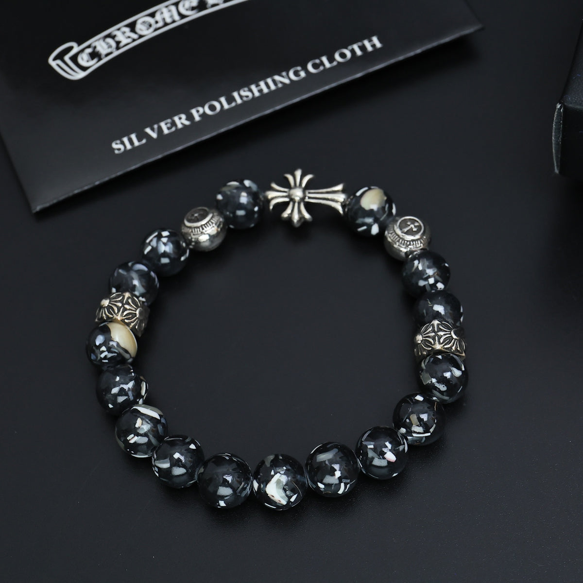 Gothic Emblem Beaded Bracelet in Antique Silver-Tone – Design 21 detail view
