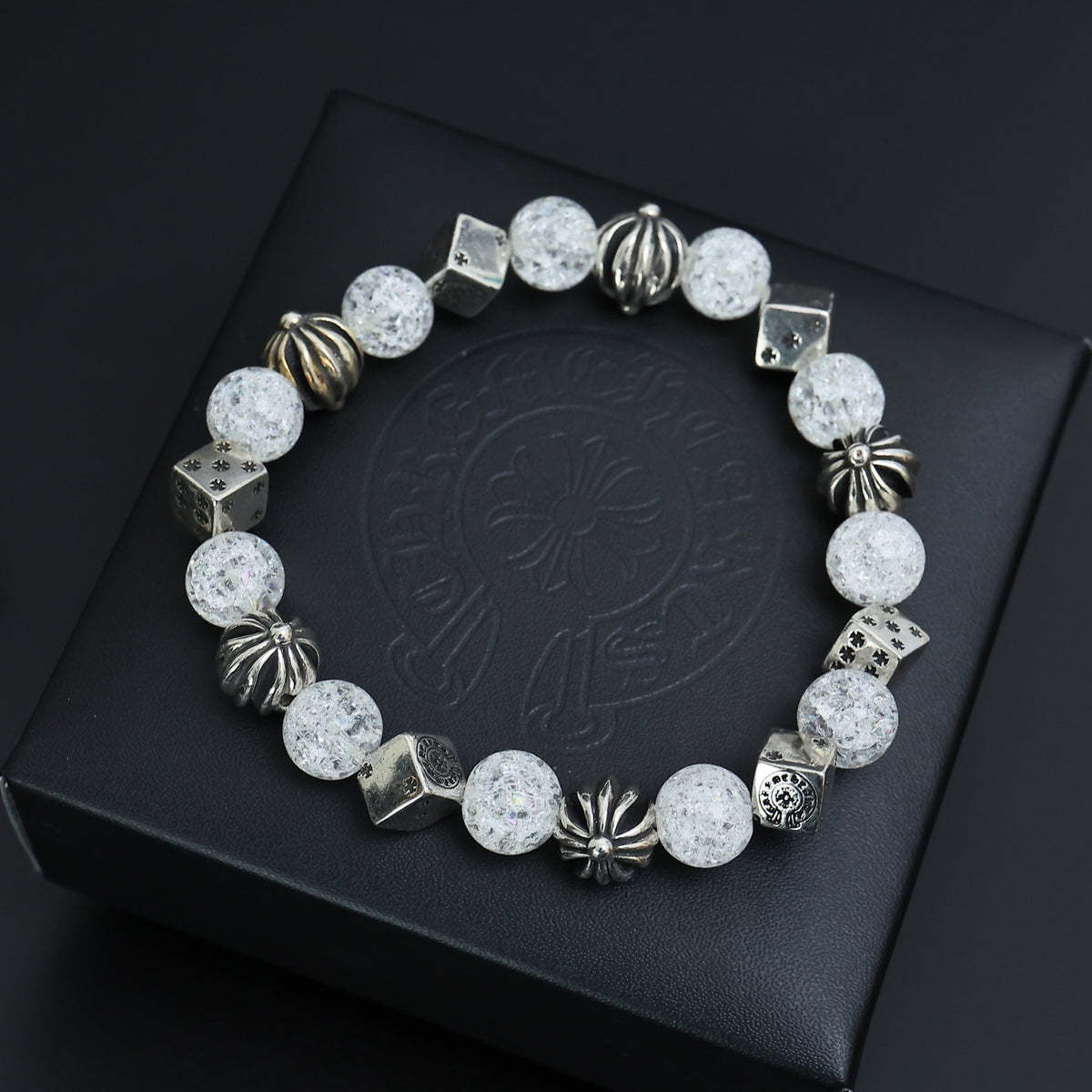 Gothic Emblem Beaded Bracelet in Antique Silver-Tone – Design 21 front product view