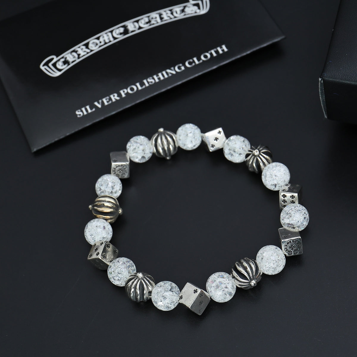 Gothic Emblem Beaded Bracelet in Antique Silver-Tone – Design 21 side detail