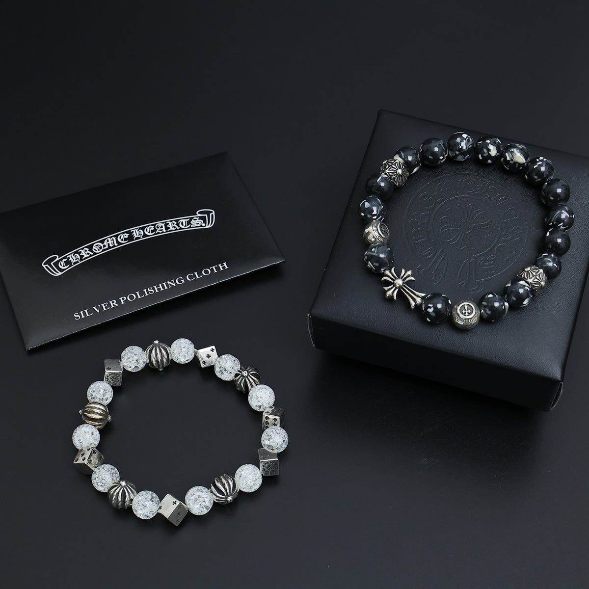 Gothic Emblem Beaded Bracelet in Antique Silver-Tone – Design 21 styled product view
