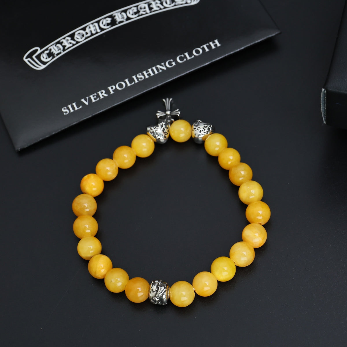 Gothic Emblem Beaded Bracelet in Antique Silver-Tone – Design 24 front product view