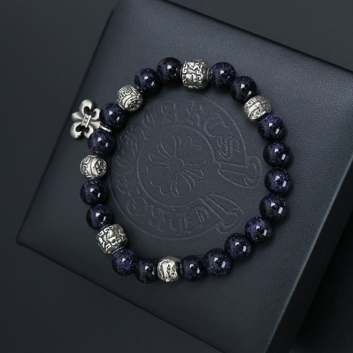 Gothic Emblem Beaded Bracelet in Antique Silver-Tone – Design 24 detail view