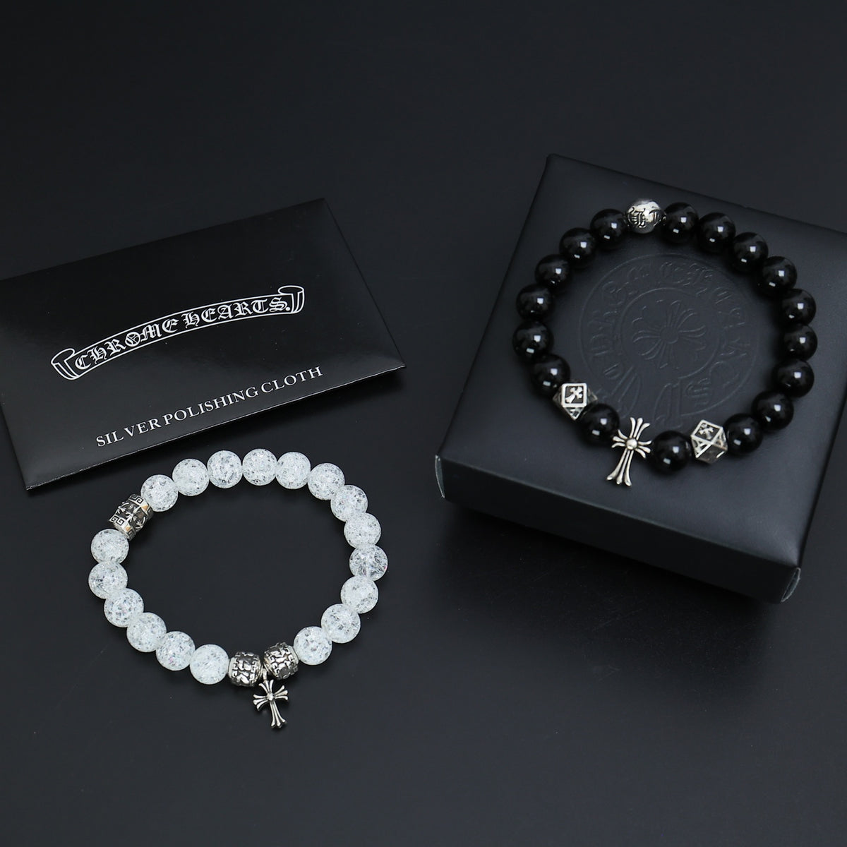 Gothic Emblem Beaded Bracelet in Antique Silver-Tone – Design 03 styled product view