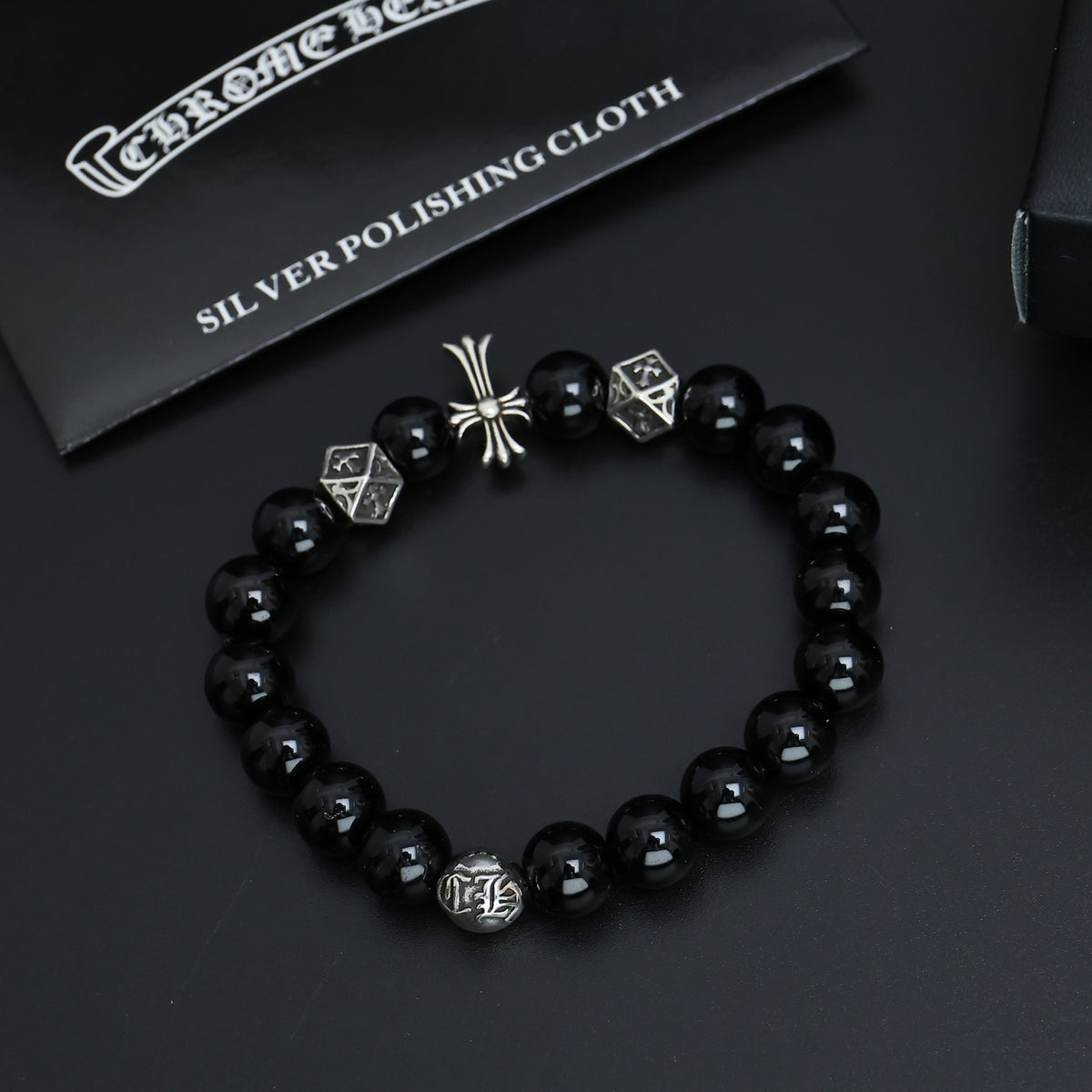 Gothic Emblem Beaded Bracelet in Antique Silver-Tone – Design 03 detail view